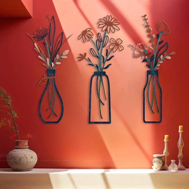 Home Decor Event - ประติมากรรมติดผนังลายดอกไม้ขนาดใหญ่ 3 ชิ้น - ของตกแต่งบ้านสไตล์โมเดิร์นฟาร์มเฮาส์, ดีไซน์แจกันแขวนสุดหรู,