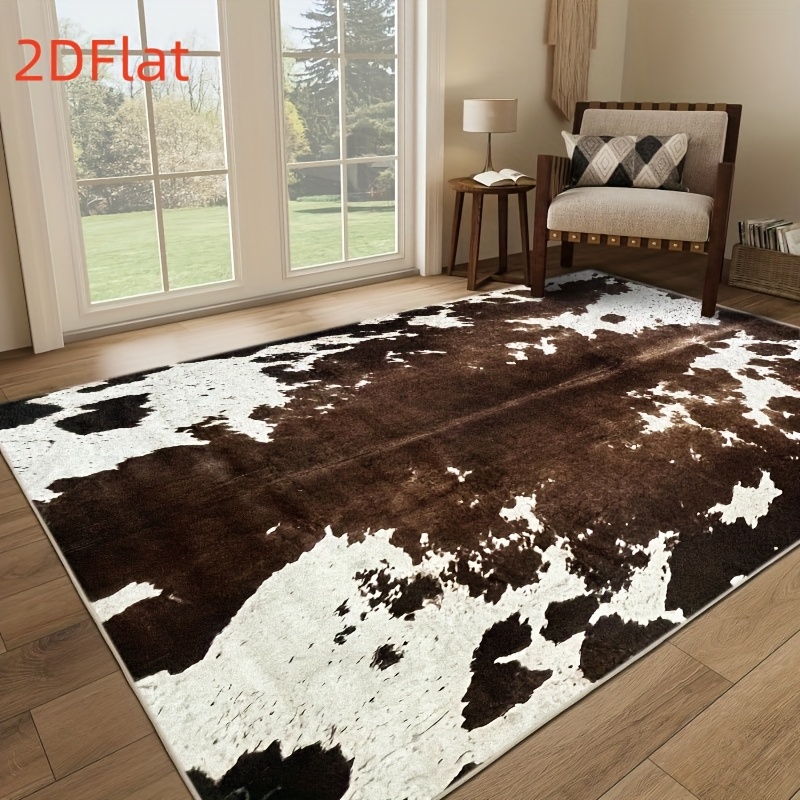 Cowhide Rug Faux - พรมปูพื้นลายหนังวัวแบบ 2 มิติ ผ้าแฟลนเนลกันลื่น ลายหนังเทียม สำหรับห้องนั่งเล่น