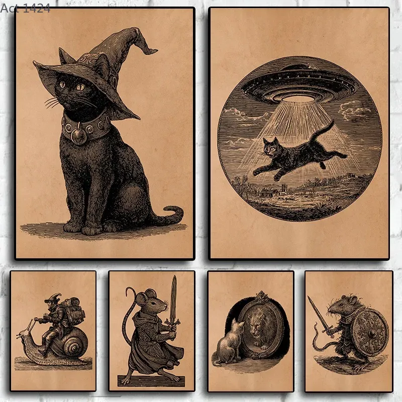 Home Decor Medieval - ภาพวาดบนผ้าใบสไตล์โบราณ ลายแมว ยูเอฟโอ มนุษย์ต่างดาว อัศวินยุคกลาง หนู