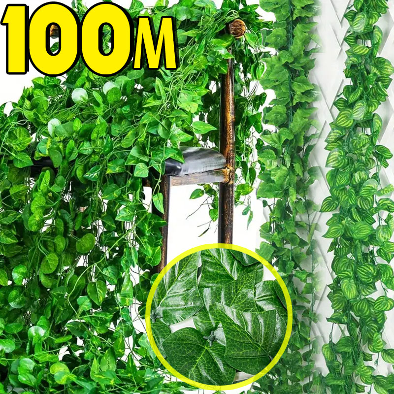 Rattan Plant Basket - 100/2M สีเขียวประดิษฐ์ Ivy Vine Garland ปลอมพืชหวายแขวน