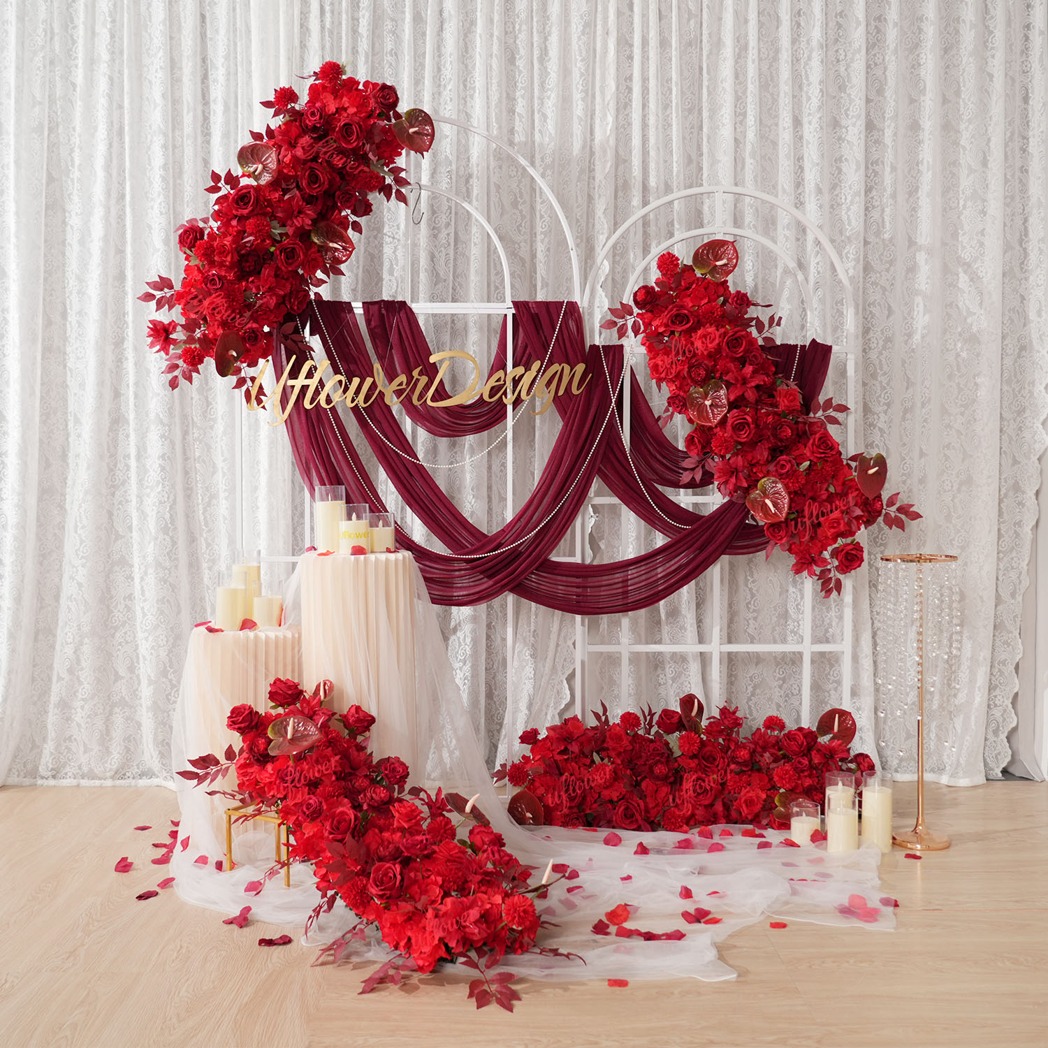 Home Decor Event - ซุ้มดอกไม้สีแดงสำหรับตกแต่งงานแต่งงาน ฉากหลังตกแต่งโต๊ะกลาง งานอีเว้นท์ ตกแต่งทางเดิน จัดดอกไม้สำหรับงานอีเว้นท์