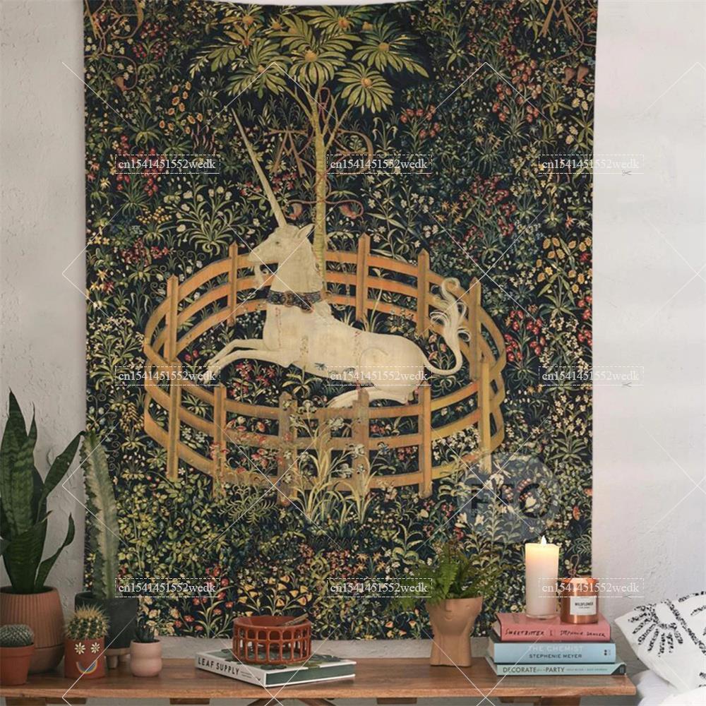 Home Decor Medieval - ผ้าคลุมติดผนังลายยูนิคอร์นผ้าเช็ดตัวชายหาดเสื่อโยคะปิกนิกตกแต่งบ้านให้สวยงามภาพวาดวินเทจสำหรับห้อง