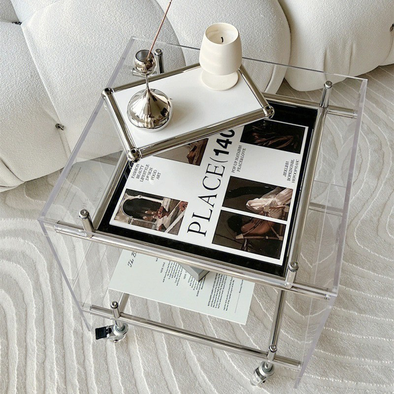 Home Decor On Wheels - โต๊ะกาแฟโมเดิร์น Minimalist Square End ตารางชาสร้างสรรค์ตารางอะคริลิคใสด้านข้างตารางล้อตกแต่ง Design