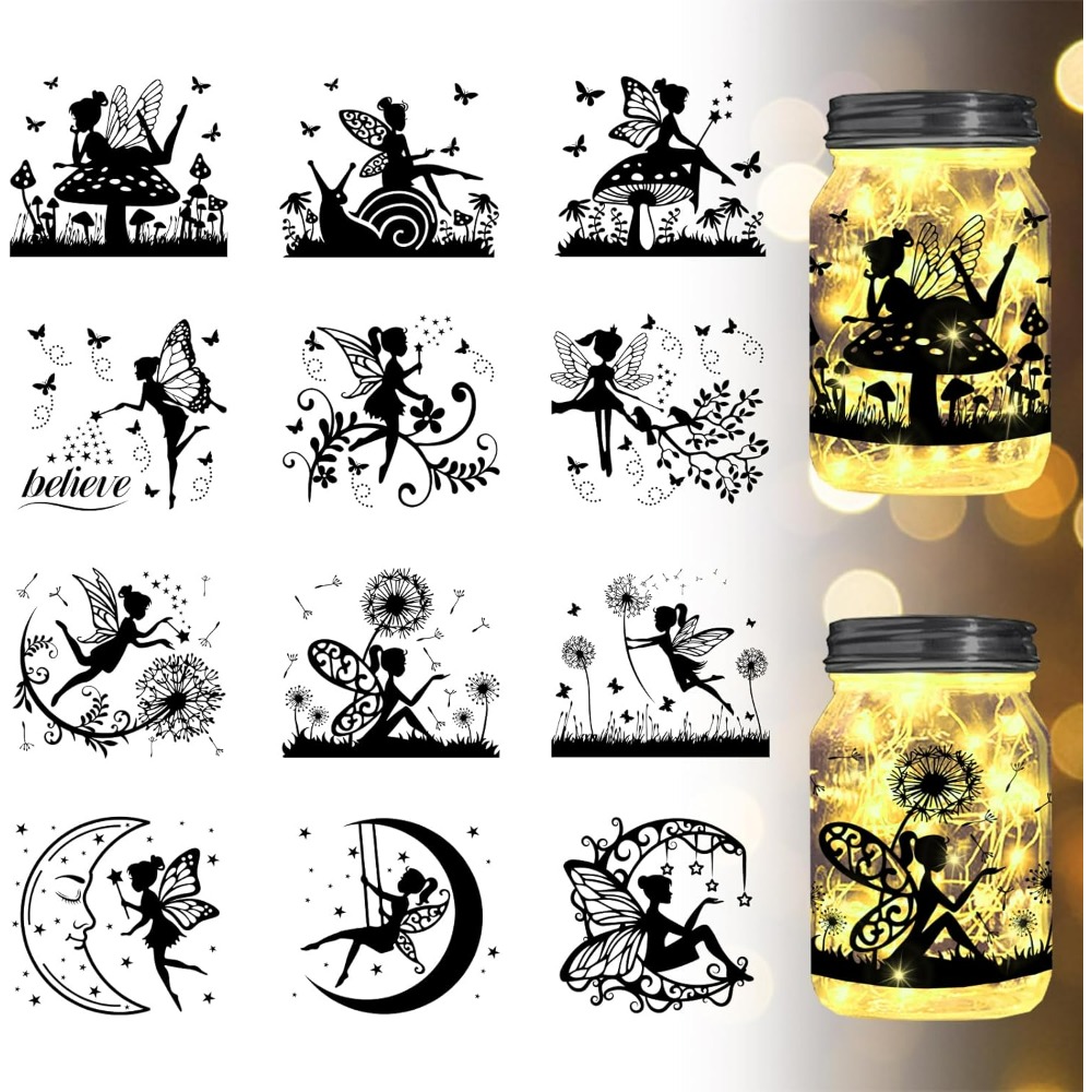 Home Decor Kit - Elf Silhouette Jar Cutouts กระดาษหน้าต่างพลาสติก Fairy