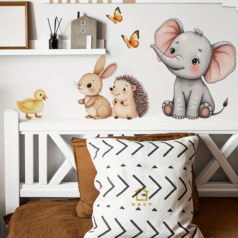 Home Decor Kit - การ์ตูนสัตว์สติ๊กเกอร์ติดผนัง-ช้างกระต่ายเม่นเนอสเซอรี่รูปลอกที่ถอดออกได้เด็กตกแต่งห้องเด็กเล่น Wall Art Home