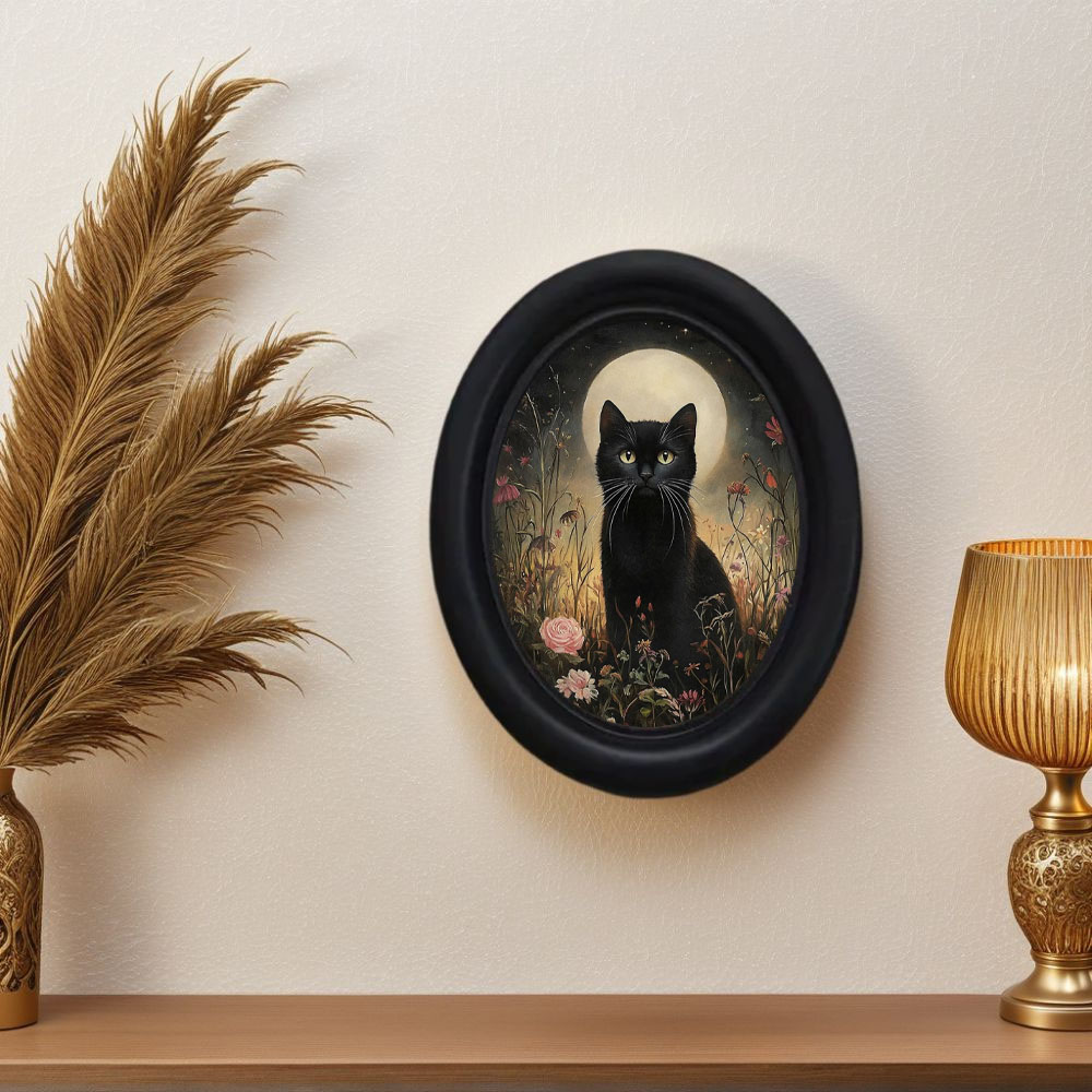Home Decor Etsy - งานศิลปะติดผนังรูปวงรี 3 มิติ ลายแมวดำในดอกไม้ สไตล์โกธิควิคตอเรียนย้อนยุค 1