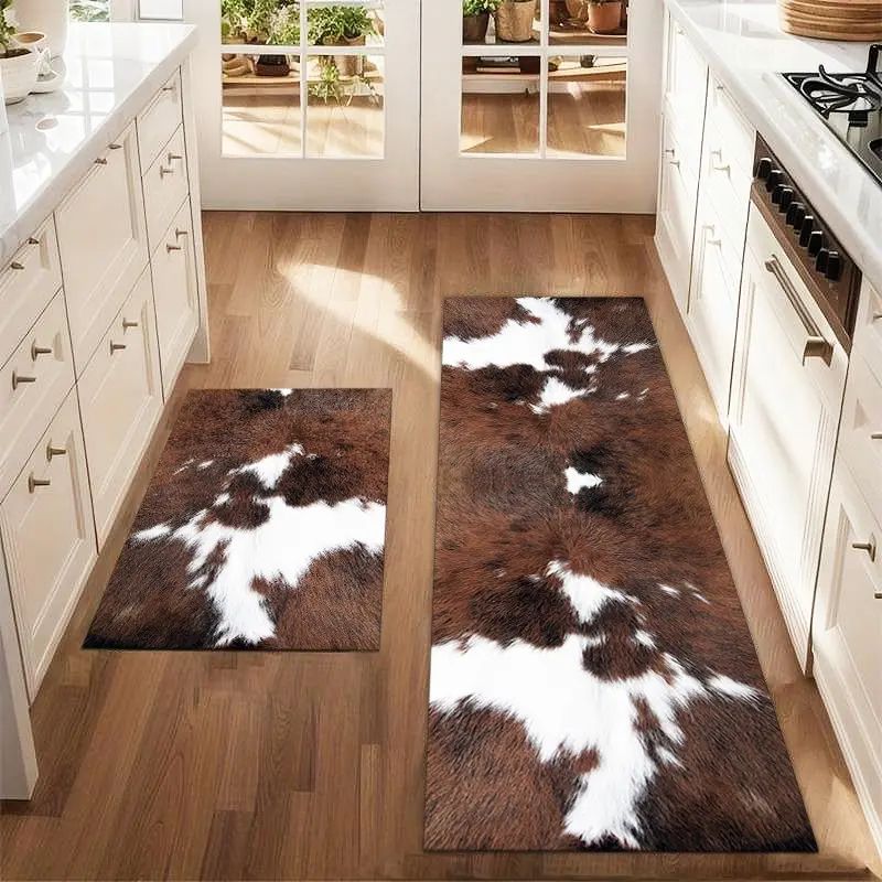 Cowhide Rug Faux - VIKAMA พรมกันลื่นลายวัวตะวันตก 1/2 ชิ้น พรมปูพื้นลายหนังวัวเทียม พรมเช็ดเท้าทางเข้าห้องโถง