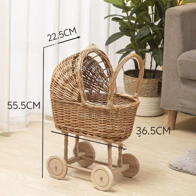 Rattan Plant Basket - รถเข็นเด็กอ่อนแบบสานด้วยมือ ตะกร้าเก็บของอเนกประสงค์สำหรับสัตว์เลี้ยงและเด็กทารก ตกแต่งห้องเด็กสไตล์โบโฮชิค